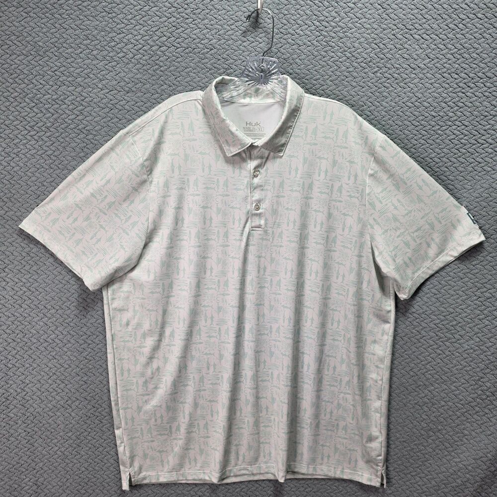 Huk Polo Shirt Mens XL White Mint Allover Fish Print Performance Fishing Stretch